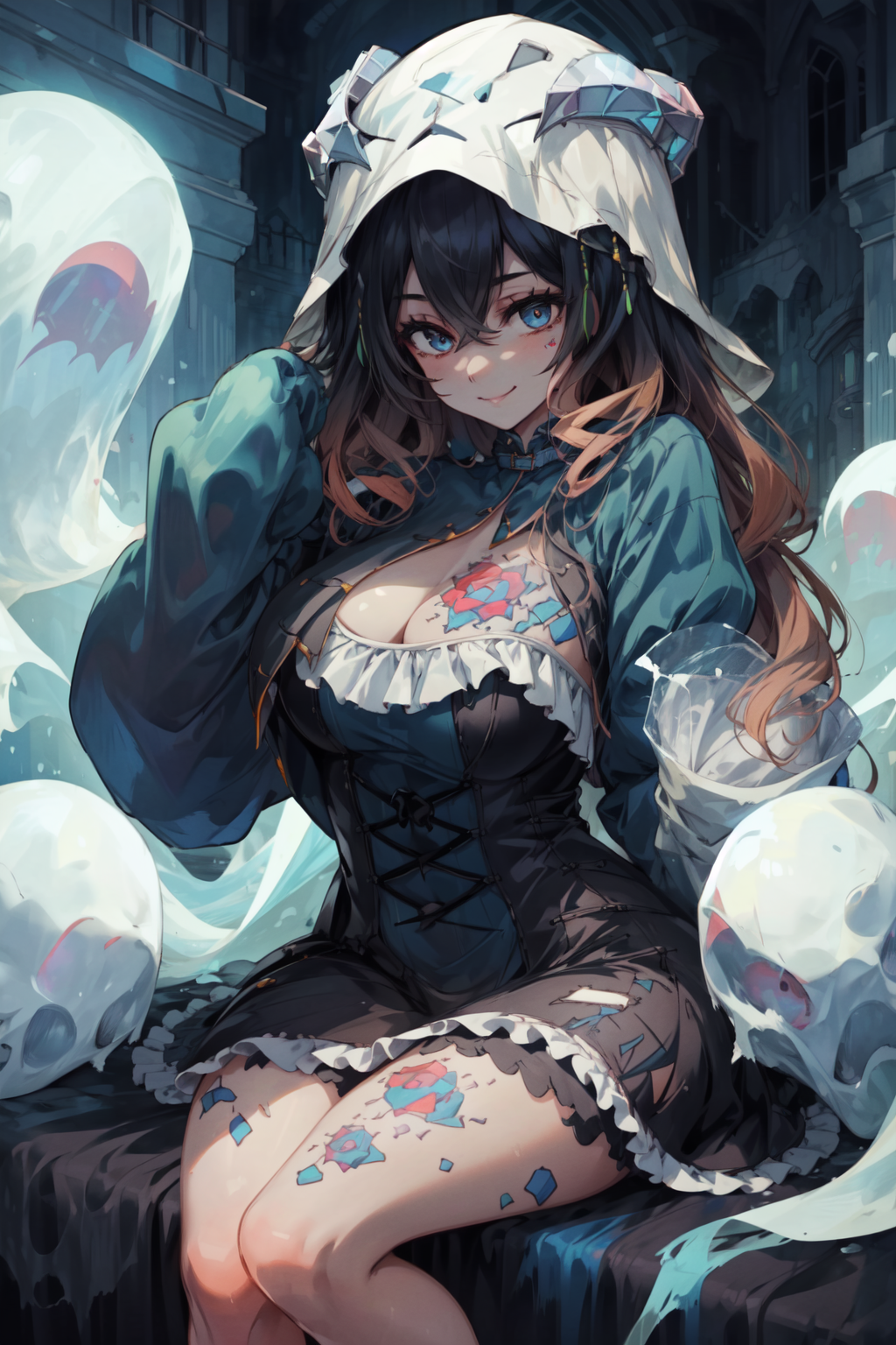 masterpiece,best quality,1girl,miriam,large breasts,tattoo,smile,ghost costume,sleeves past wrists,sitting,cute ghost,<lor...